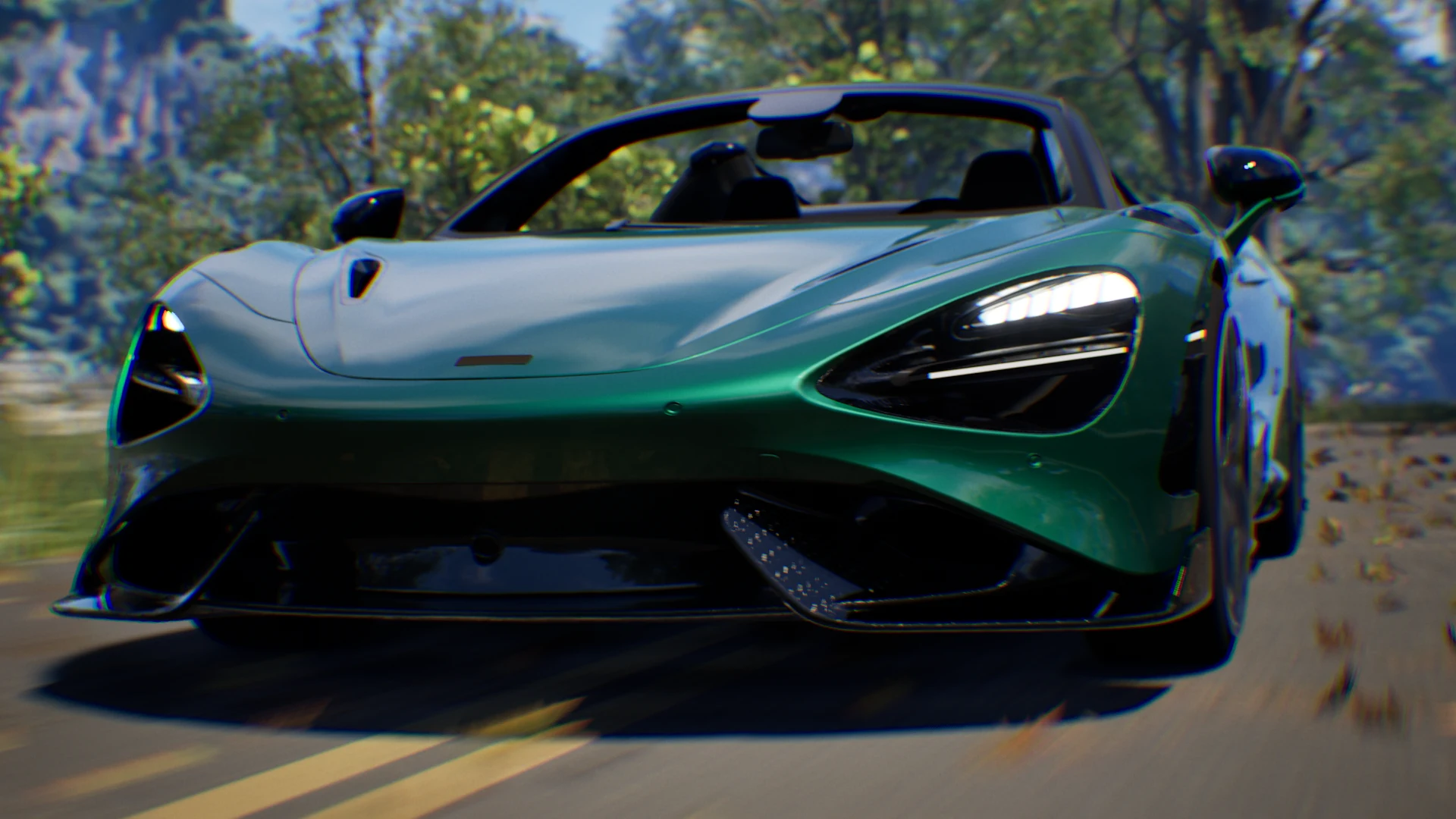McLaren 720S Spider in British Racing Green on a forest road, front three-quarter, motion blur