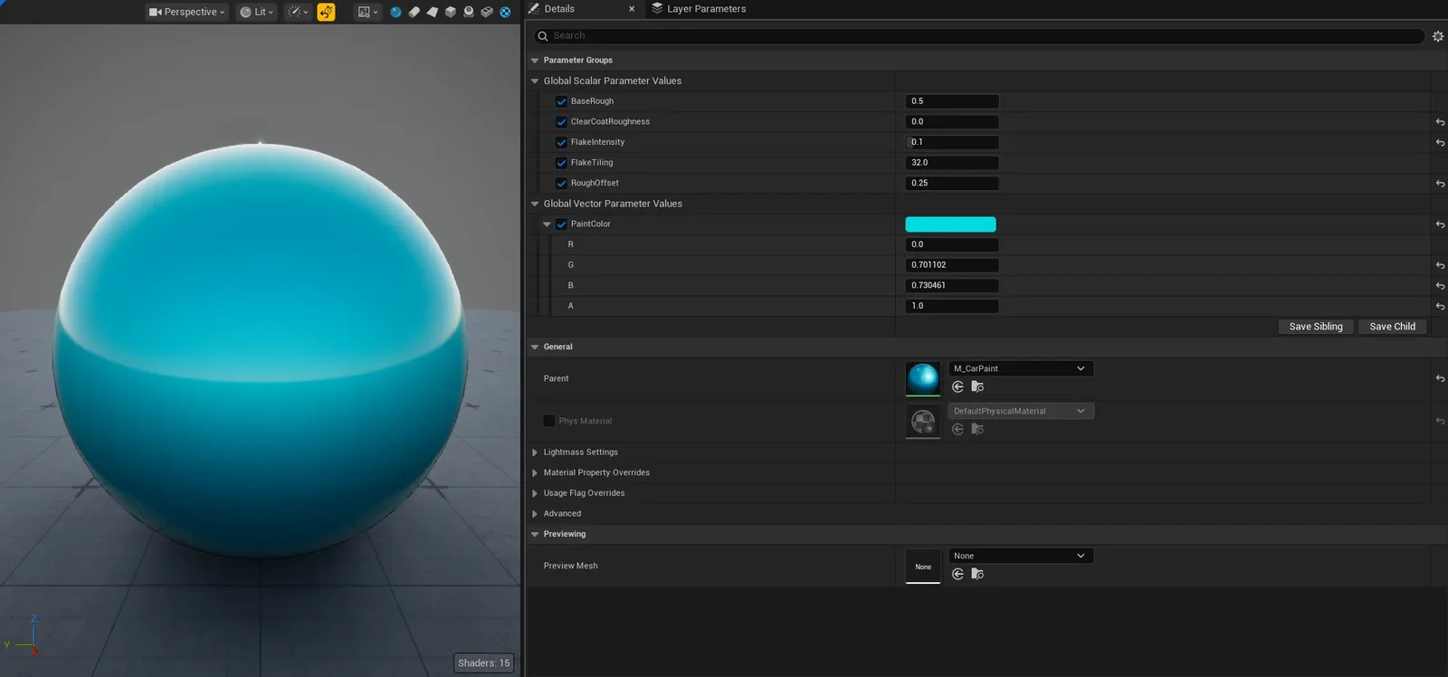 M_CarPaint material instance in Unreal Engine, showing base roughness, clear coat roughness, flake intensity, flake tiling and paint colour parameters