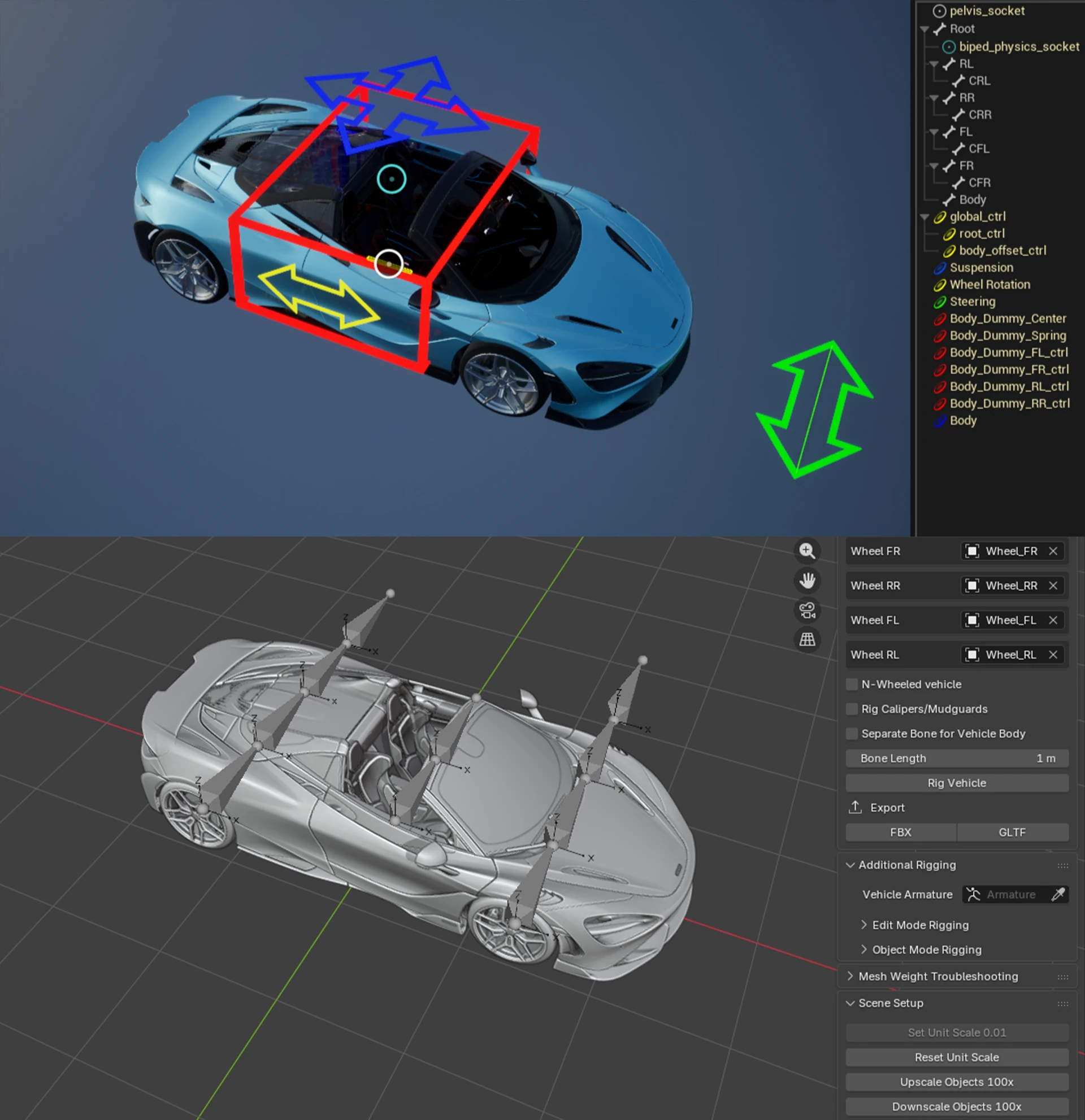 Control Rig manipulators on the car in Unreal Engine, above the
                    vehicle armature and rigging panel in Blender