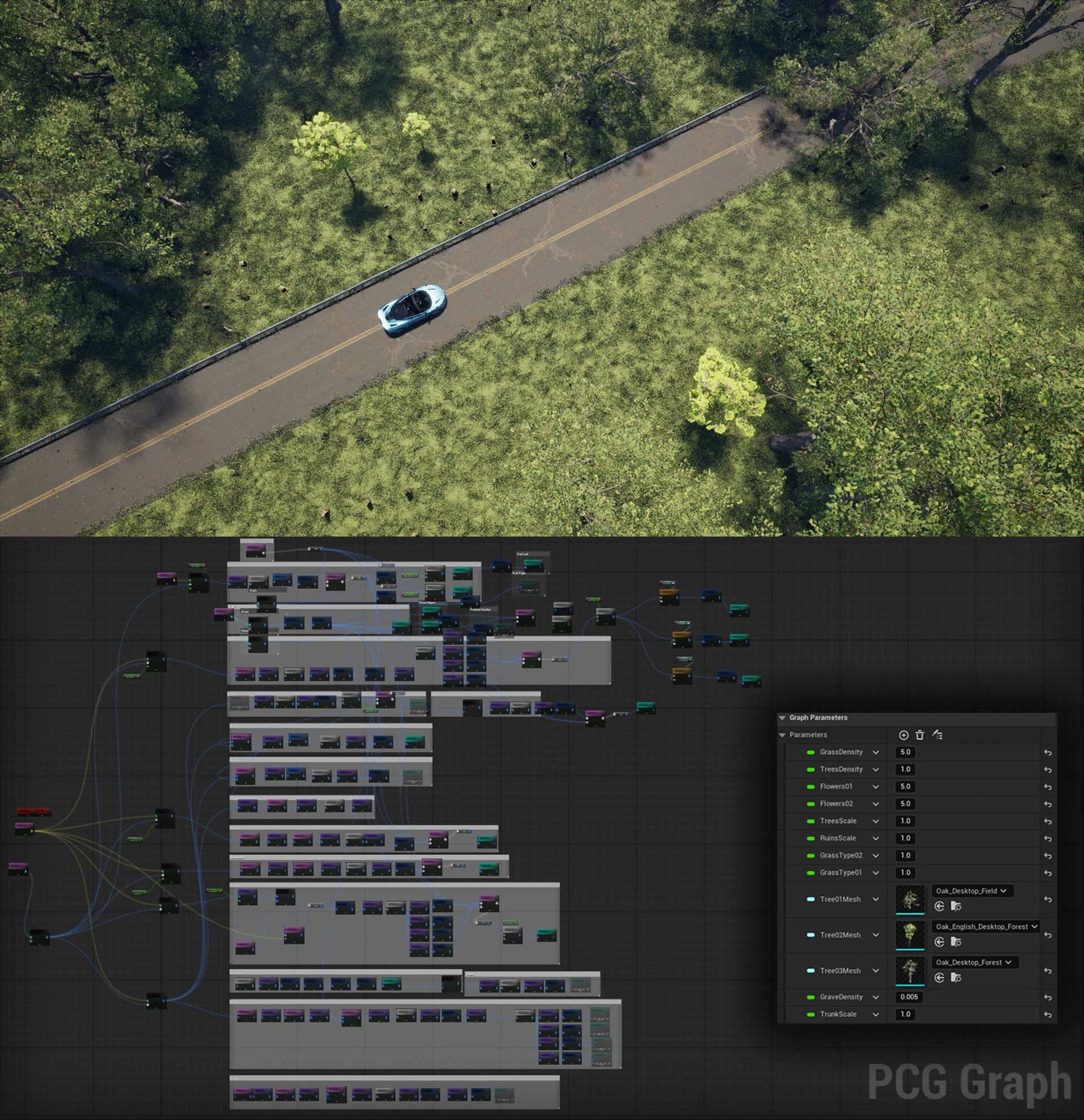 Overhead view of the car on a forest road, above the PCG node
                    graph and its density and tree mesh parameters